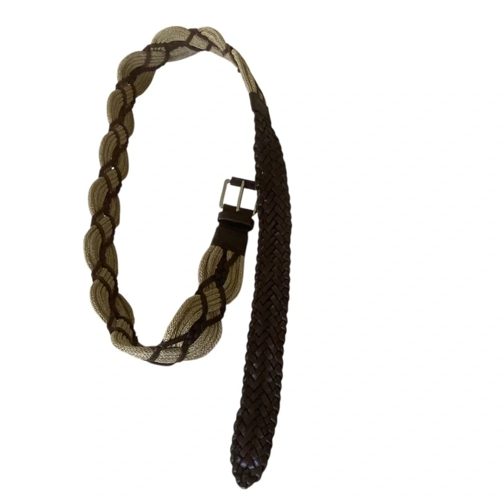 Braided Stretch Belt Tan Brown Woven Elastic Leather Boho Waist Festival Ready